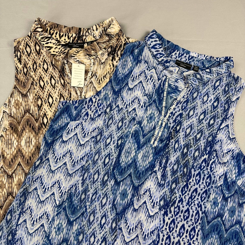 Susan Graver Artisan Sleeveless Tops 22W Lot of 2 Animal Print Blue  Brown Beads